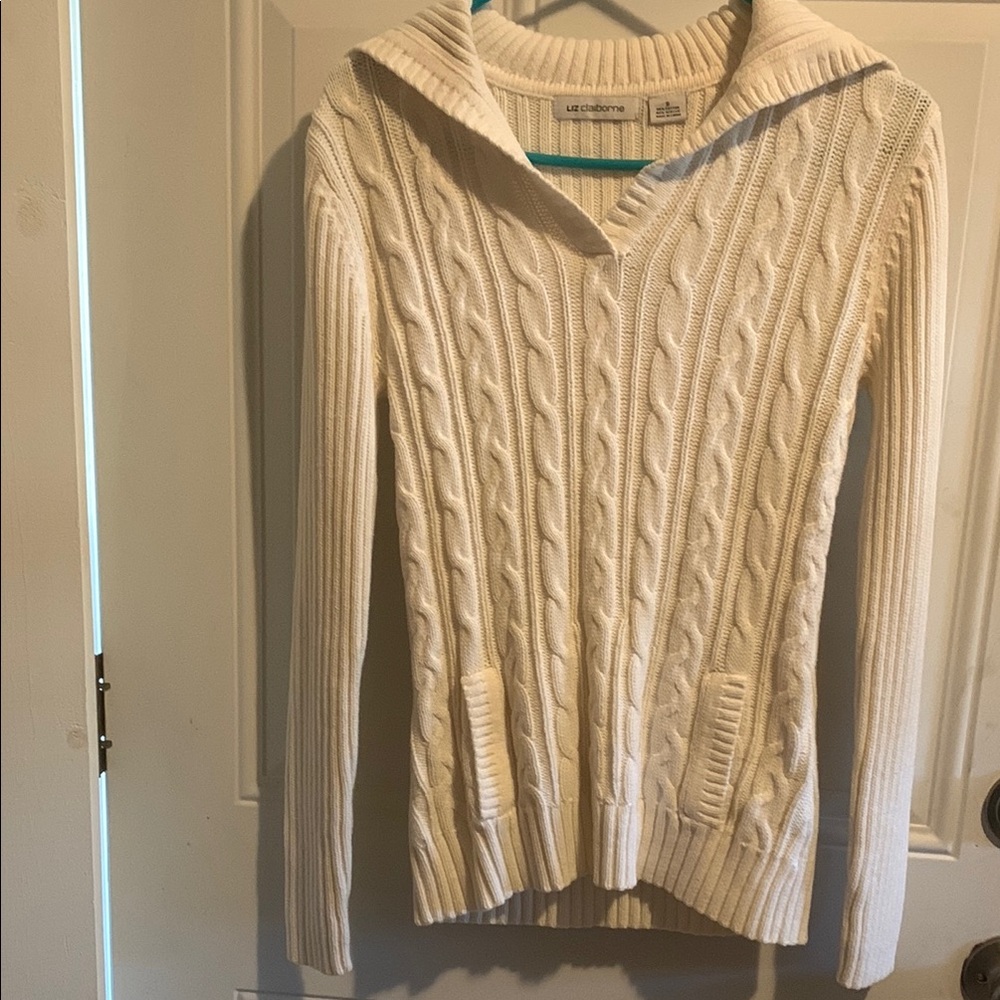 Liz Claiborne -Gorgeous Cream V-Neck Cable Knit Sweater size Small